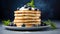 A stack pancakes topped with fresh blueberries and drizzled with syrup on background