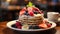 A stack of pancakes topped with fruit on a plate