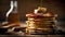 A stack of pancakes topped with honey or maple syrup on the plate. Closeup of a sweet breakfast with butter. Advertise banner.