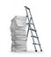 Stack of papers, a high stack of documents near which stands a ladder.