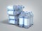 Stack of pat bottles in wrapped package 3d render on grey gradient