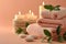 Stack of peach colored towels with scented candles. Aromatherapy and beauty. Conceptual set of harmony, massage, balance and