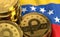 Stack of Petro concept coins on Venezuelan flag. Situation of Petro the cryptocurrency of Venezuela concept. 3D Rendering