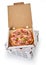 Stack of pizza boxes on white background