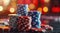 a stack of poker chips in front of some lights in a casino room