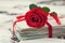 Stack of postcard and photograph tied with velvet ribbon and red rose