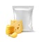 Stack of Potato Crispy Chips with Cheese and Vertical Sealed Empty Plastic Foil Bag for Package Design Close up Isolated