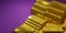 Stack of Pure gold bars on purple background with space for text. Stacked fine gold bars 1000g. Gold bars and Financial concept,