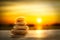 Stack pyramid stone zen pebbles nature on wooden with blur sun set on sea. meditation tranquil calm still balance relax of