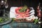 Stack of raw steaks with rosemary ,spices and grass of red wine on kitchen table at dark wooden background