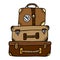 A stack of retro leather traveler suitcases with a sticker and straps, brown and red. Vector illustration in a cartoony