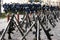 Stack of rifles and defocused airforce soldiers with blue uniforms on the background. On the Republic Day of Turkey Izmir Turkey