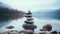 A stack of rocks sitting on top of a body of water, AI