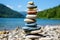 A stack of rocks sitting on top of a rocky beach. Generative AI image.