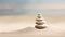 A stack of rocks sitting on top of a sandy beach Zen pyramid, stack of pebbles on sand with wind patterns.