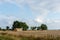 Stack of round bales of straw on a stubble field