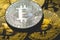 Stack of silver bitcoins with gold background with a single coin facing the camera in sharp focus with shading on icon