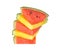 Stack of sliced red and yellow watermelon on white