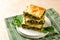 Stack of Spanakopita piece of pie, homemade Greek savory spinach pastry.