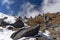 Stack stone and prayer flag on top of Zatra la pass, Himalayas m