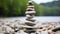 a stack of stones is sitting on top of a river