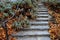 Stack stones on the surface of the stairs. brown and gray porphyry in the park. cobblestone path terraces with sage and railings f
