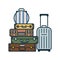 Stack of suitcases and a rolling luggage case isolated vector illustration