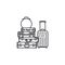 Stack of suitcases and a rolling luggage case vector line icon