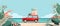 Stack of suitcases on roof of a little red retro car riding from the sea. Flat cartoon modern illustration. Car front
