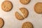 Stack of sweetmeal digestive biscuits closeup of a pile of biscuits on a texture background