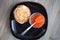 Stack of thin Russian pancakes with caviar for Shrovetide Butter week festival meal, pancakes day meal, Shrove Tuesday  Mardi