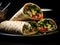 a stack of tortillas with vegetables on a black plate