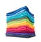 Stack tower of colorful t-shirt isolated on white background. File contains a path to isolation