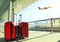 stack of traveling luggage in airport terminal and passenger plane flying over sky