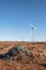 Stack of turf in a bog next to wind farm turbine. Clean new and dirty old source of energy. Natural and artificial product in