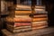 stack of unmarked ancient books on an unbranded wooden shelf