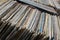 Stack of used vinyl records in covers put on sale