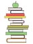 A stack of various books and an apple on a white background