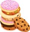 Stack of Various Mixed Cookies. Chocolate Chip, Sugar, Iced and Frosted, Fudge. Isolated vector illustration.