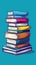 A stack of vibrant, illustrated books against a teal background. A playful collection of drawn literature. Concept of