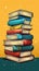 A stack of vibrant, illustrated books against a yellow background. A playful collection of drawn literature. Concept of
