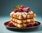 a stack of waffles with berries and cream on top