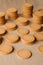 Stack of wheat biscuits as background and texture for design. Delicious cereal biscuits ready to eat.