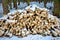 Stack of wood billets in snowy forest winter scene