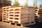 Stack of wooden pallet. Industrial wood pallet at factory warehouse. Cargo and shipping. Sustainability of supply chains. Eco-