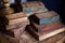 stack of worn-out vintage cigar boxes on a table