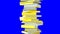 Stack of yellow books isolated on blue chroma key background.