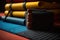 A stack of yoga mats neatly placed on top of a mat, ready for use, Close-up of a yoga mat, blocks, and strap, AI Generated