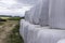 Stacked as a pyramid, round bales of silage, wrapped in a membrane.