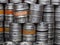 Stacked beer kegs